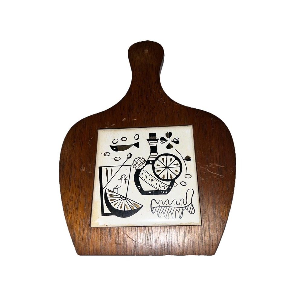 Vtg MCM Fred Roberts Japan Wood Tile Cheese Board Charcuterie Barware Paddle